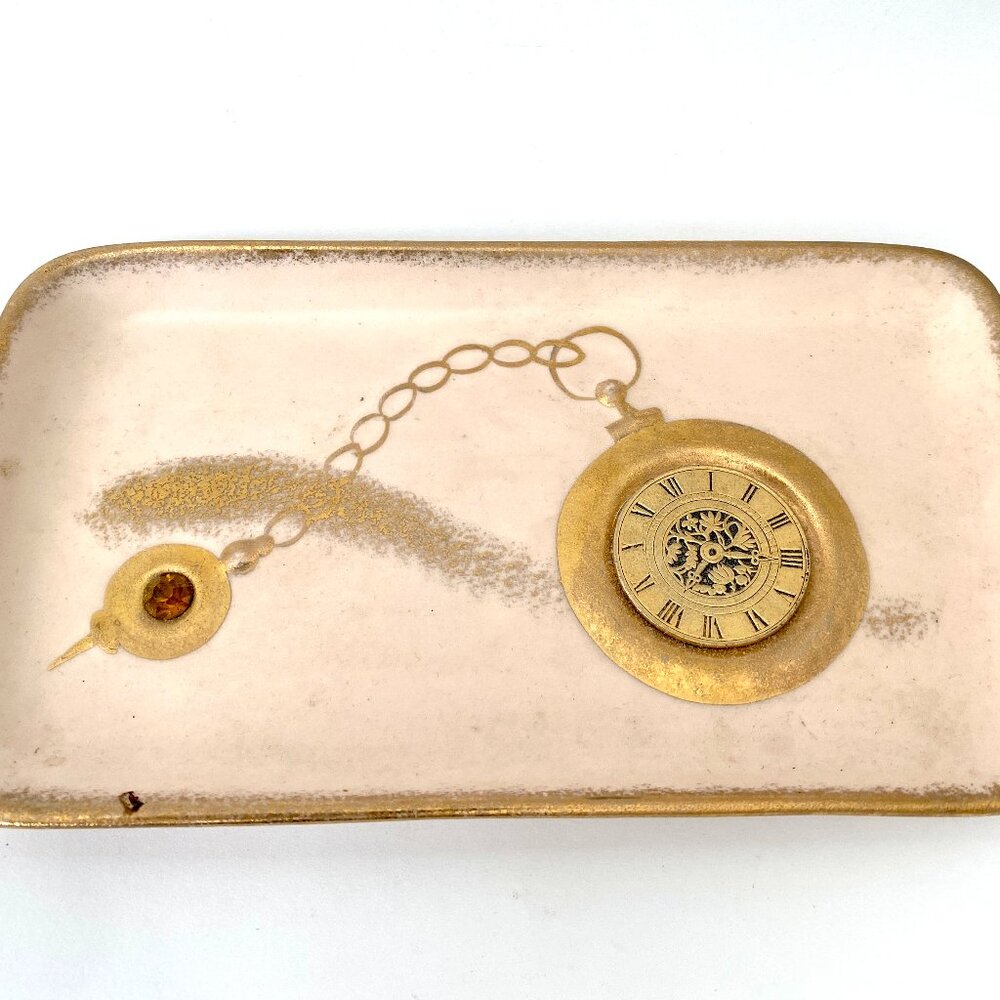 Vintage Decorative Tray with Pocket Watch Design | 8" x 4.75" | Gold Accents | R